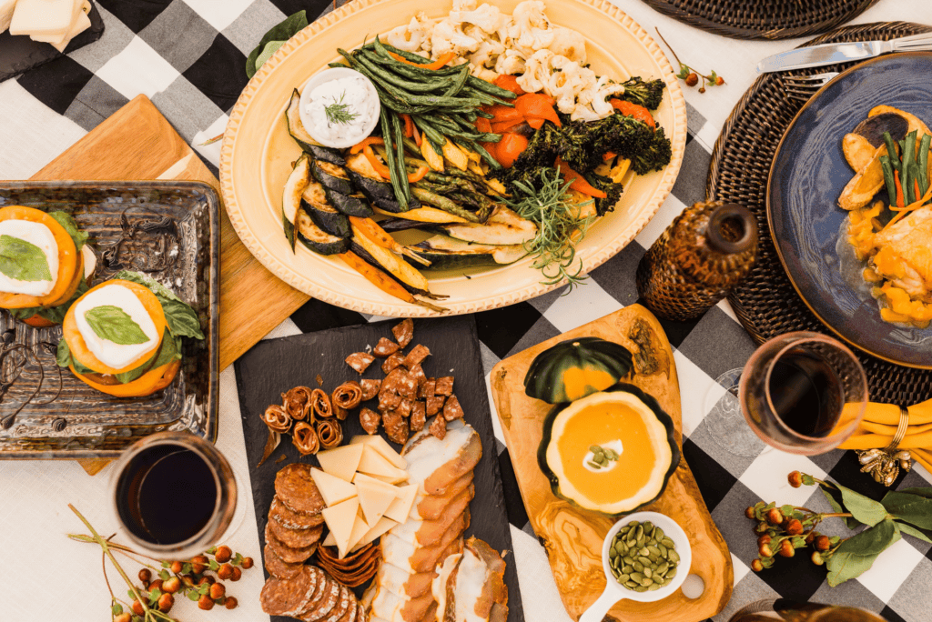 table set with entree, soups, and side dishes