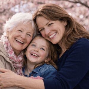 cherry blossom spring mother and daughter and grandmother smiling and hugging