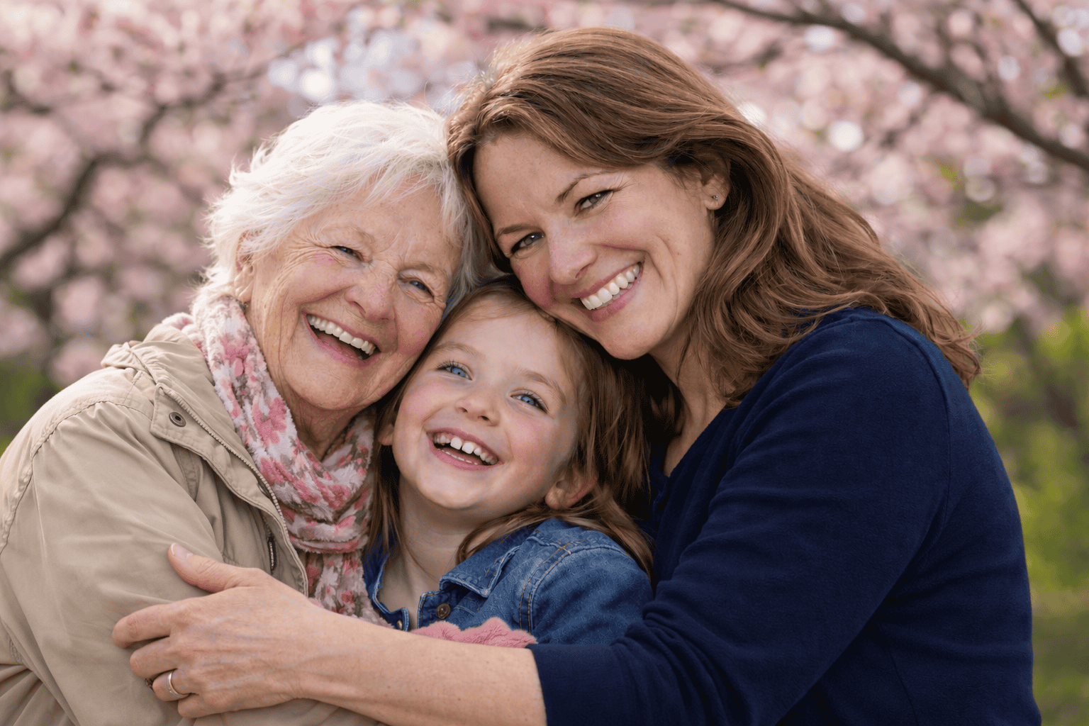 cherry blossom spring mother and daughter and grandmother smiling and hugging