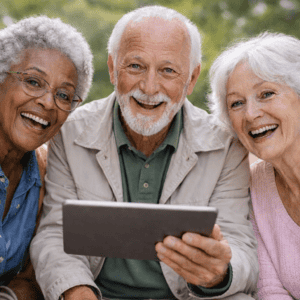 Three seniors looking at an ipad