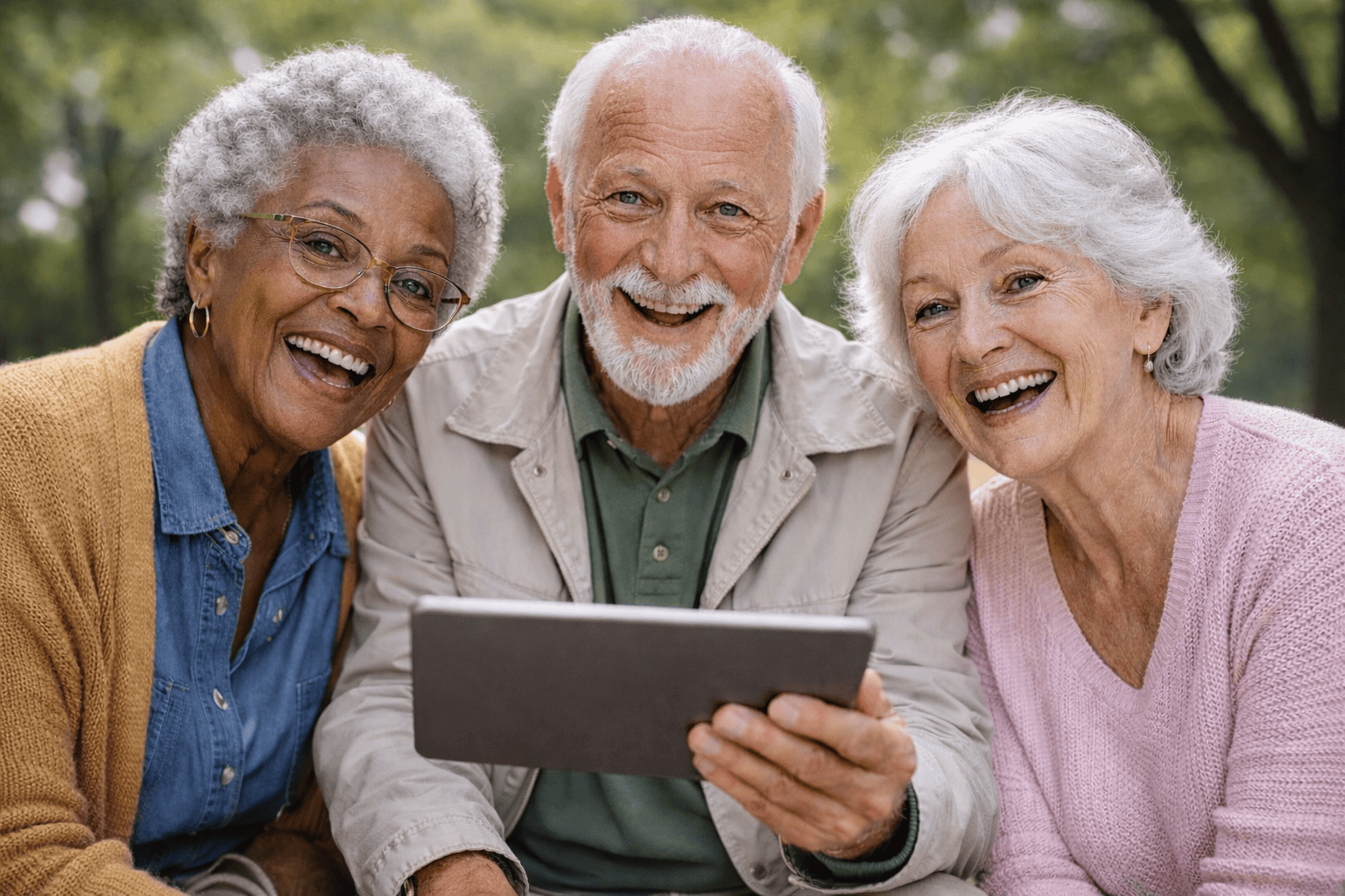 Three seniors looking at an ipad