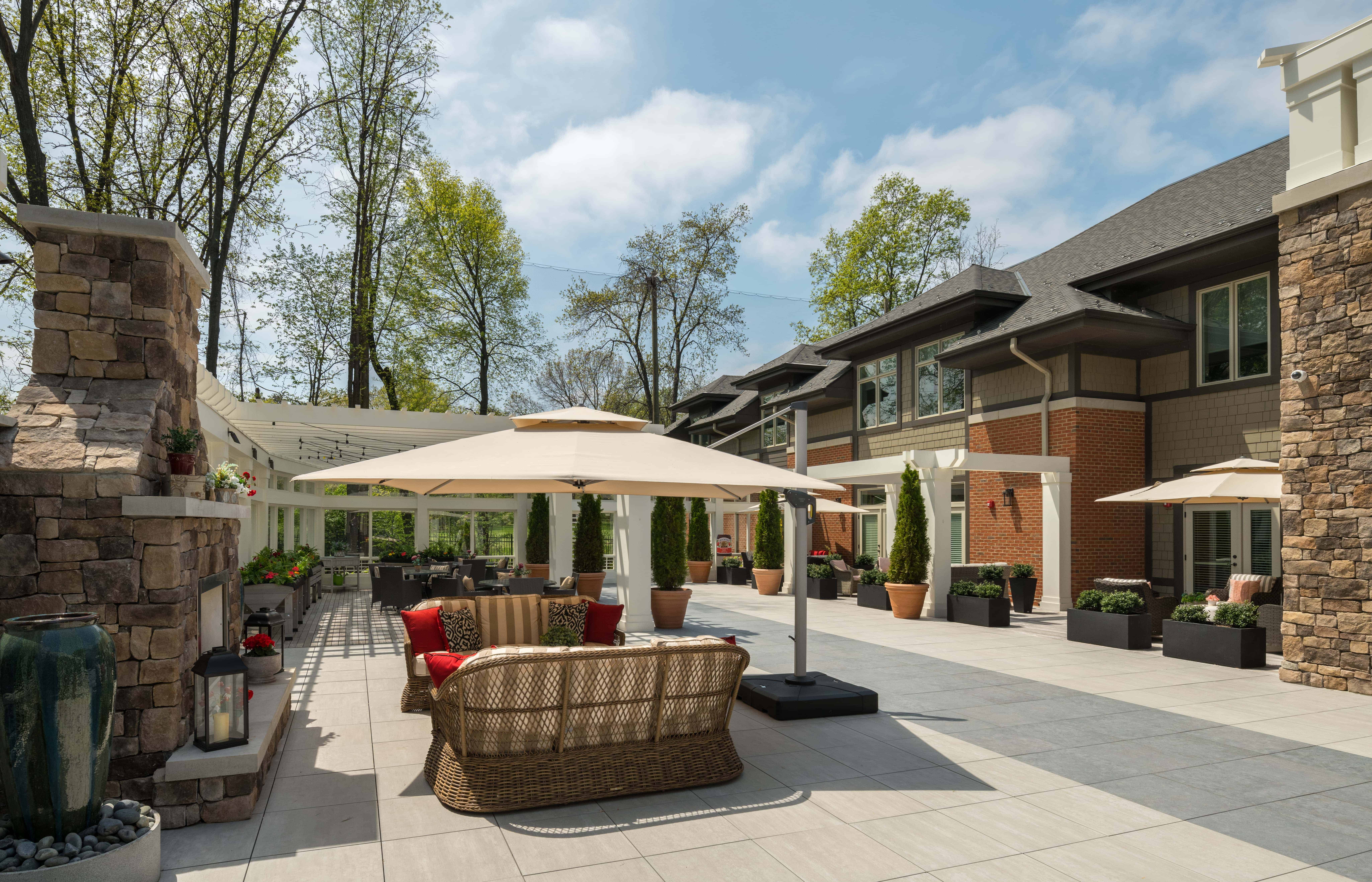 outdoor patio space with fireplace