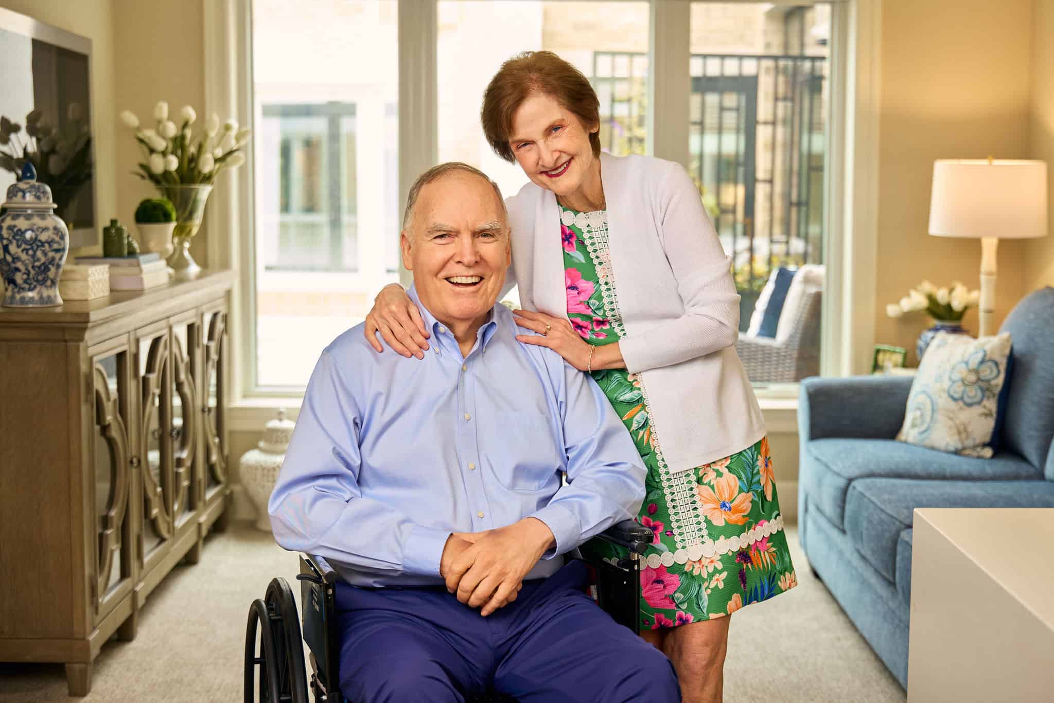 an elder couple in their livingroom